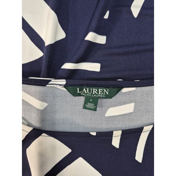 LRL Lauren Ralph Lauren Navy blue/ white geo design Shift dress Viscose Sz  L - Picture 7 of 8